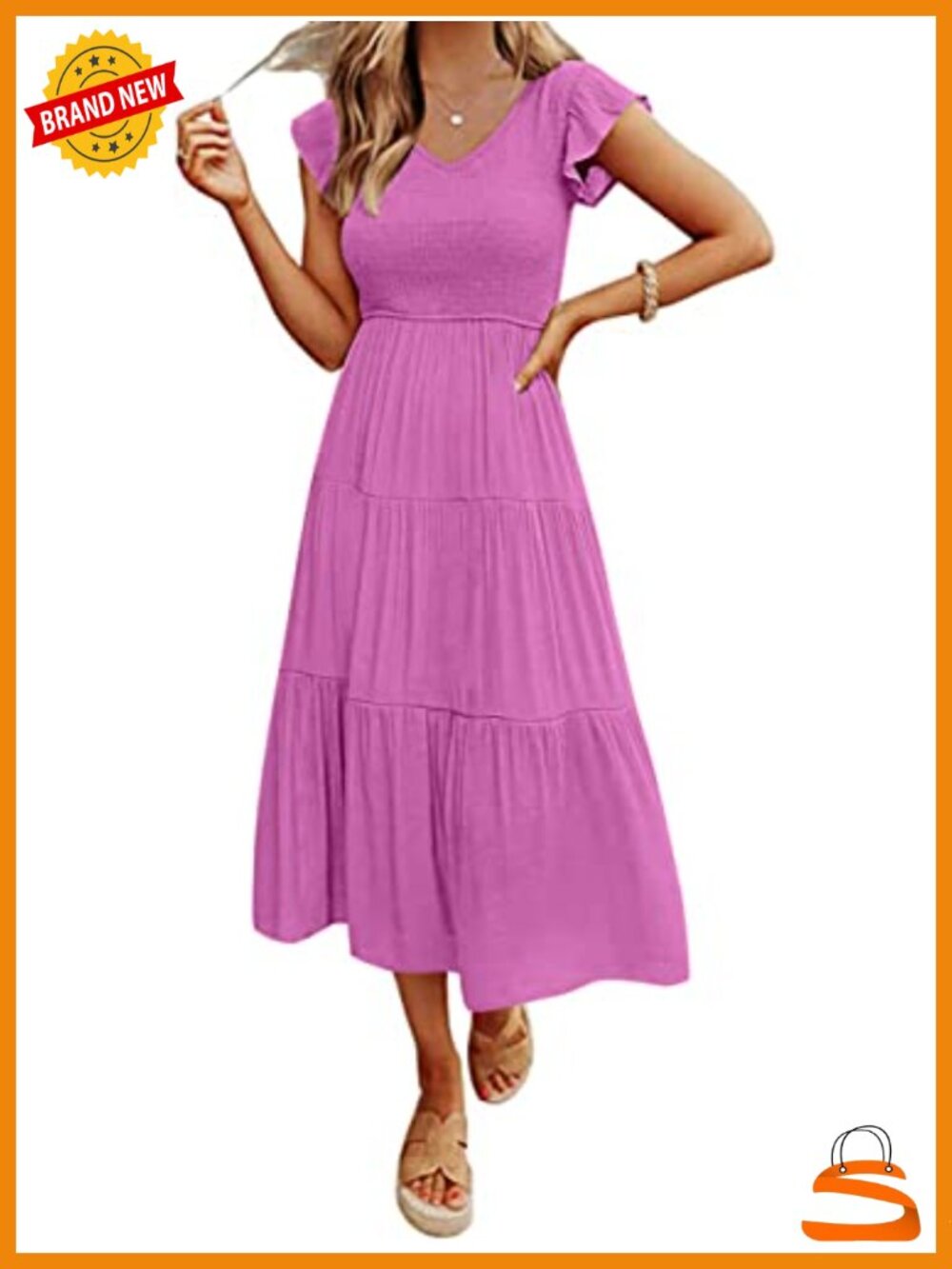 Flutter Sleeve V-Neck Smocked Midi Dress